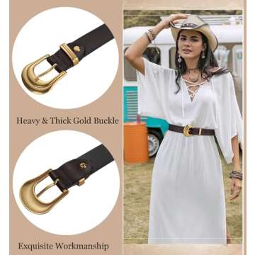 ALAIX Women's Belt Western Belts Silver Gold Buckle Black Leather Belt Pants Jeans Belts for Women