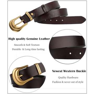 ALAIX Women's Belt Western Belts Silver Gold Buckle Black Leather Belt Pants Jeans Belts for Women