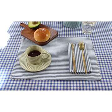 INFEI Plain Striped Cotton Linen Blended Dinner Cloth Napkins - Set of 12 (40 x 30 cm) - for Events & Home Use (Blue)