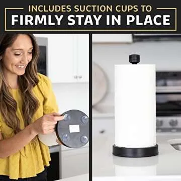 Stainless Steel Black Paper Towel Holder Designed for Easy One-Handed Operation - This Sturdy Weighted Paper Towel Dispenser Countertop Model Has Suction Cups and Holds All Paper Towel Rolls