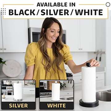 Stainless Steel Black Paper Towel Holder Designed for Easy One-Handed Operation - This Sturdy Weighted Paper Towel Dispenser Countertop Model Has Suction Cups and Holds All Paper Towel Rolls