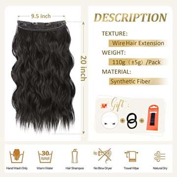 NANNAN Black Hair Extensions Invisible Wire Wavy Hair with Transparent Wire Adjustable Size 4 Secure Clips Long Synthetic Secret Hairpieces 20” for Women
