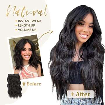 NANNAN Black Hair Extensions Invisible Wire Wavy Hair with Transparent Wire Adjustable Size 4 Secure Clips Long Synthetic Secret Hairpieces 20” for Women