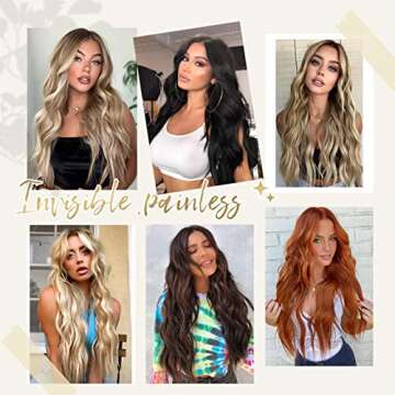 NANNAN Black Hair Extensions Invisible Wire Wavy Hair with Transparent Wire Adjustable Size 4 Secure Clips Long Synthetic Secret Hairpieces 20” for Women