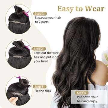 NANNAN Black Hair Extensions Invisible Wire Wavy Hair with Transparent Wire Adjustable Size 4 Secure Clips Long Synthetic Secret Hairpieces 20” for Women