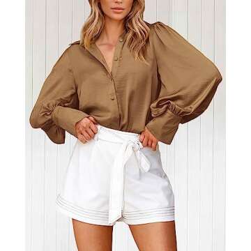 BTFBM Women Satin Button Down Shirts Summer Fall Lantern Long Sleeve Lapel V Neck Blouse Loose Casua...