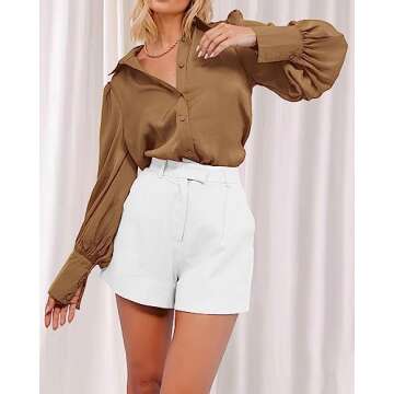 BTFBM Women Satin Button Down Shirts Summer Fall Lantern Long Sleeve Lapel V Neck Blouse Loose Casual Office Work Tops(Solid Brown, Small)