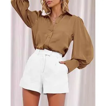 BTFBM Women Satin Button Down Shirts Summer Fall Lantern Long Sleeve Lapel V Neck Blouse Loose Casual Office Work Tops(Solid Brown, Small)