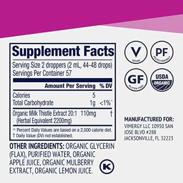 Vimergy Milk Thistle – Supports Liver Function* – Promotes Healthy Digestion* – USDA Certified Organic, Vegan, Gluten-Free – 115 mL (57 Servings)
