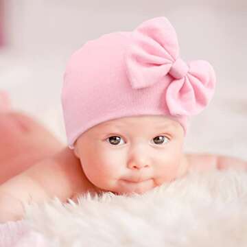 BQUBO Newborn Baby Girls Hat and Mittens Set - Soft Cotton Bow Beanie & No Scratch Gloves