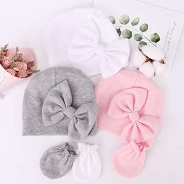 BQUBO Newborn Girls Hat and Mittens Set - Soft Cotton
