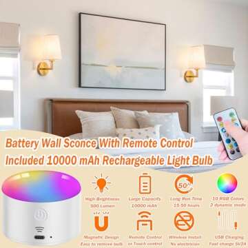 Wireless Wall Sconce with Remote Control, Dimmable, 2-Pack Indoor Lighting