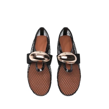 Molozoey Mesh Ballet Flats for Women Brass Jewel Fishnet Flats with Strap Round Toe Ballerina Shoes ...