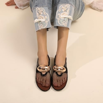 Molozoey Mesh Ballet Flats for Women Brass Jewel Fishnet Flats with Strap Round Toe Ballerina Shoes Casual Slip On Mary Jane Flats Comfortable Daily Dress Shoes Black