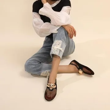 Molozoey Mesh Ballet Flats for Women Brass Jewel Fishnet Flats with Strap Round Toe Ballerina Shoes Casual Slip On Mary Jane Flats Comfortable Daily Dress Shoes Black