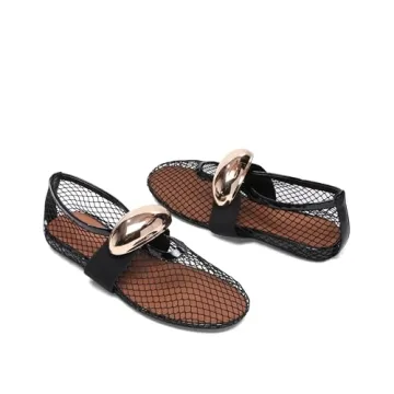 Molozoey Mesh Ballet Flats for Women Brass Jewel Fishnet Flats with Strap Round Toe Ballerina Shoes Casual Slip On Mary Jane Flats Comfortable Daily Dress Shoes Black