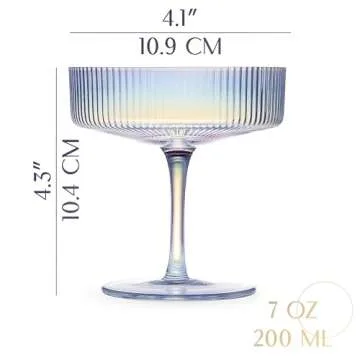 GLASSIQUE CADEAU Vintage Art Deco Iridescent Coupe Glasses | Set of 4 | 7 oz Rainbow Colored Cocktai...