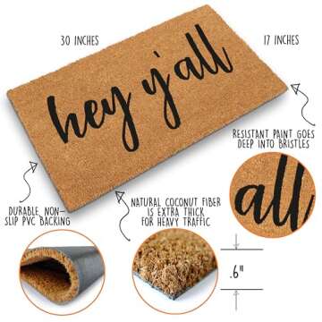 MAINEVENT Hey Y'all Welcome Mat Outdoor 30x17 Inch, Coir Doormat Welcome Yall Door Mat, Hey Yall Doo...