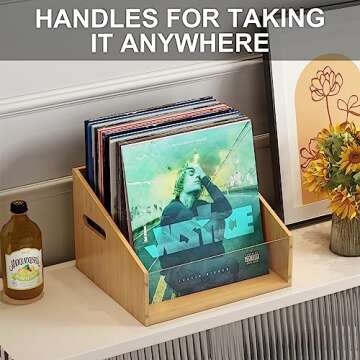 AEEHFENG Vinyl Record Storage Record Crates for Vinyl Album Storage for Vinyl Records Bamboo Record Holder with Handles Great for Record Album Magazine Storage Holds Up to 65 Records