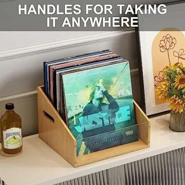 AEEHFENG Vinyl Record Storage Record Crates for Vinyl Album Storage for Vinyl Records Bamboo Record Holder with Handles Great for Record Album Magazine Storage Holds Up to 65 Records
