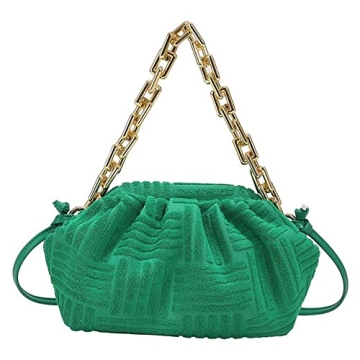 Soft Cotton Shoulder Bag with Metal Chain Women Green