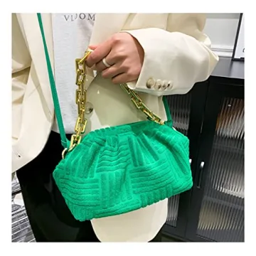 Soft Cotton Shoulder Bag with Metal Chain Women Green