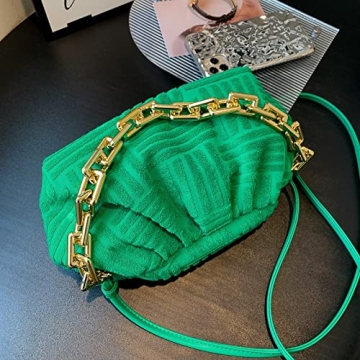 Soft Cotton Shoulder Bag with Metal Chain Women Green