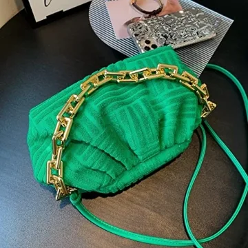 Soft Cotton Shoulder Bag with Metal Chain Women Green
