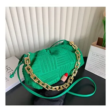 Soft Cotton Shoulder Bag with Metal Chain Women Green