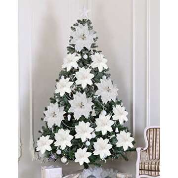 vensovo 5 Inch White Christmas Poinsettia Flowers for Tree - 24PCS White Christmas Flowers Artificia...