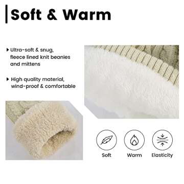 Beige Hat and Gloves for Women Winter Warm Hat and Mittens Set Soft Women Double Pom Pom Beanie Knit...