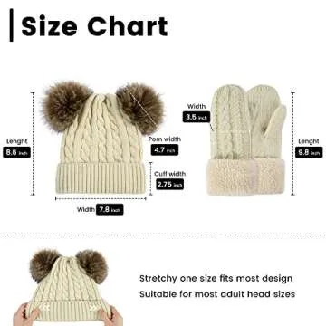 Beige Hat and Gloves for Women Winter Warm Hat and Mittens Set Soft Women Double Pom Pom Beanie Knit Glove Set, Beige - Coffee Balls