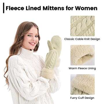 Beige Hat and Gloves for Women Winter Warm Hat and Mittens Set Soft Women Double Pom Pom Beanie Knit Glove Set, Beige - Coffee Balls