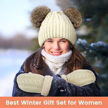 Beige Hat and Gloves for Women Winter Warm Hat and Mittens Set Soft Women Double Pom Pom Beanie Knit Glove Set, Beige - Coffee Balls