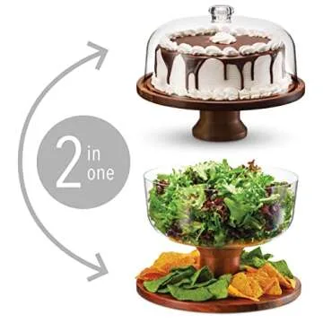 Godinger 2 in1 Salad Bowl and Cake Stand, Salad Bowl Serving Dish and Footed Cake Stand with Dome, I...