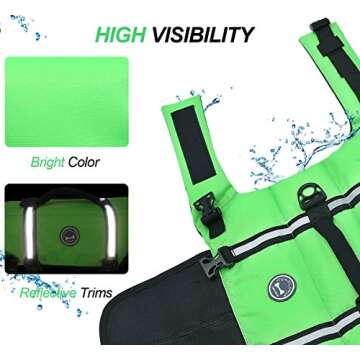 VIVAGLORY Ripstop Dog Life Jacket for Small Medium Large Dogs Boating, Swimming Vest for Dogs with Enhanced Visibility & Buoyancy, Bright Green