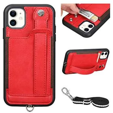 TOOVREN iPhone 11 Case with Strap, Wallet Case Lanyard Neck Strap with Leather Card Holder Kickstand, Adjustable Detachable Necklace, Phone Protective Back Cover for Apple iPhone 11 6.1" Red
