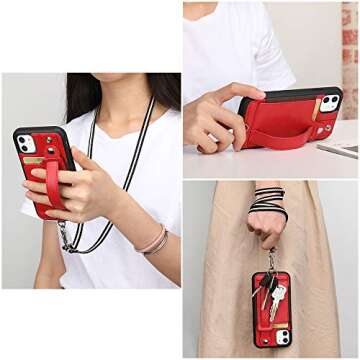 TOOVREN iPhone 11 Case with Strap, Wallet Case Lanyard Neck Strap with Leather Card Holder Kickstand, Adjustable Detachable Necklace, Phone Protective Back Cover for Apple iPhone 11 6.1" Red