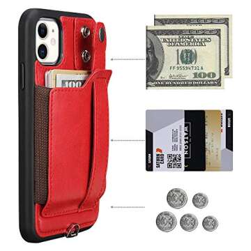 TOOVREN iPhone 11 Case with Strap, Wallet Case Lanyard Neck Strap with Leather Card Holder Kickstand, Adjustable Detachable Necklace, Phone Protective Back Cover for Apple iPhone 11 6.1" Red