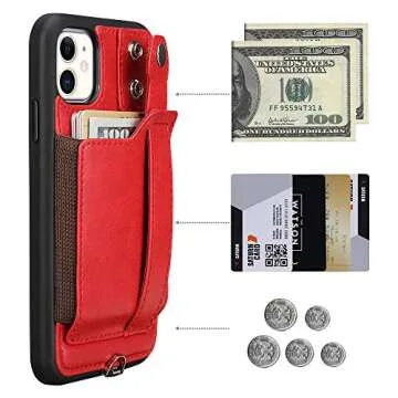 TOOVREN iPhone 11 Case with Strap, Wallet Case Lanyard Neck Strap with Leather Card Holder Kickstand, Adjustable Detachable Necklace, Phone Protective Back Cover for Apple iPhone 11 6.1" Red