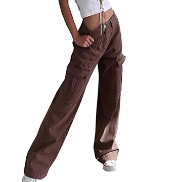 Women Teen Girl High Waisted Relaxed Fit Straight Wide Leg Baggy Y2K Cargo Jeans Brown