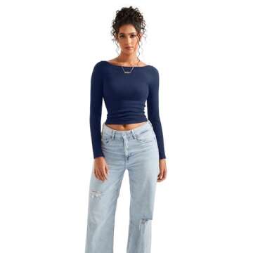 SUUKSESS Women Seamless Ribbed Long Sleeve Tops Crew Neck Modal Going Out Fitted Shirt for Fall (Navy Blue, S)