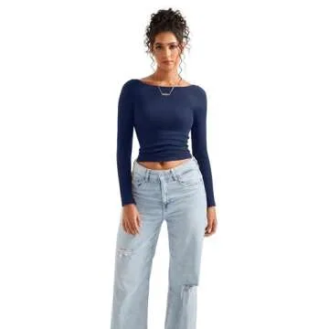 SUUKSESS Women Seamless Ribbed Long Sleeve Tops Crew Neck Modal Going Out Fitted Shirt for Fall (Navy Blue, S)