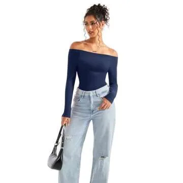 SUUKSESS Women Seamless Ribbed Long Sleeve Tops Crew Neck Modal Going Out Fitted Shirt for Fall (Navy Blue, S)