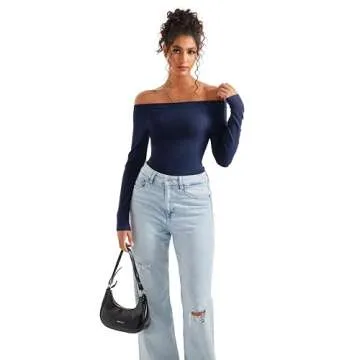 SUUKSESS Women Seamless Ribbed Long Sleeve Tops Crew Neck Modal Going Out Fitted Shirt for Fall (Navy Blue, S)