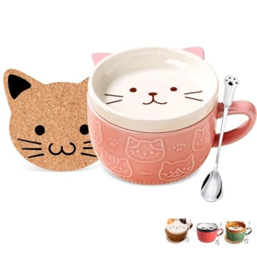 BigNoseDeer Cute Cat Mug Kawaii Tea Cup Pink Ceramic Coffee Mug with lid,Tea Cups and Saucers Cute C...