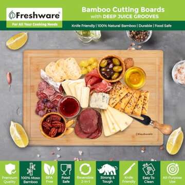 Bamboo Cutting Boards for Kitchen with Juice Groove [Extra-Large] Wood Cutting Board for Chopping Meat, Vegetables, Fruits, Cheese, Knife Friendly Serving Tray with Handles, 18 x 12.5-inch