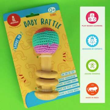 Shumee Crochet Handmade Wooden Rattle for Babies - Perfect Montessori Toys|Grasping Teething Toy for Babies, Wooden Ring Rattle Teether Chew Wood Beads Rattling Teething Gym Toys|Baby Birthday Gifts
