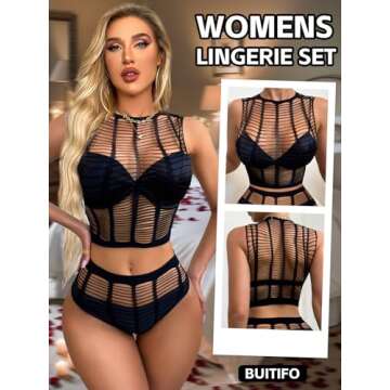Buitifo Womens Lingerie Set Fishnet BabyDoll Bodysuit Two Piece Nightwear(Black,M)