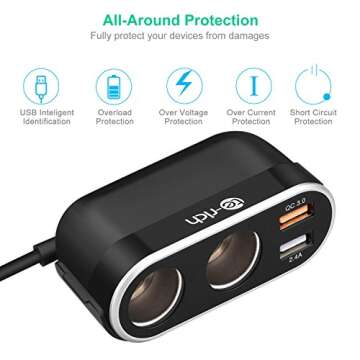 Car Socket Splitter, Te-Rich 96W 2-Way Auto Cigarette Lighter Splitter Power Adapter 12V/24V DC Outlet Extender 5.4A (Quick Charge 3.0 + 2.4A) Dual USB Charger for iPhones and Samsung Galaxy